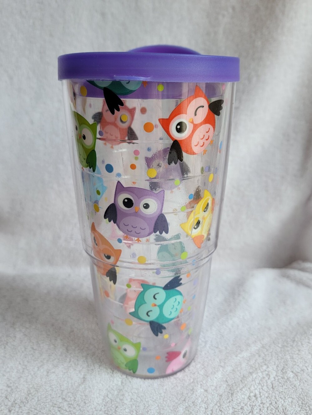 Tervis 24oz ~ Colorful Owls ~ Tumbler Cup w/ Purple Lid Insulated Hot Cold EUC